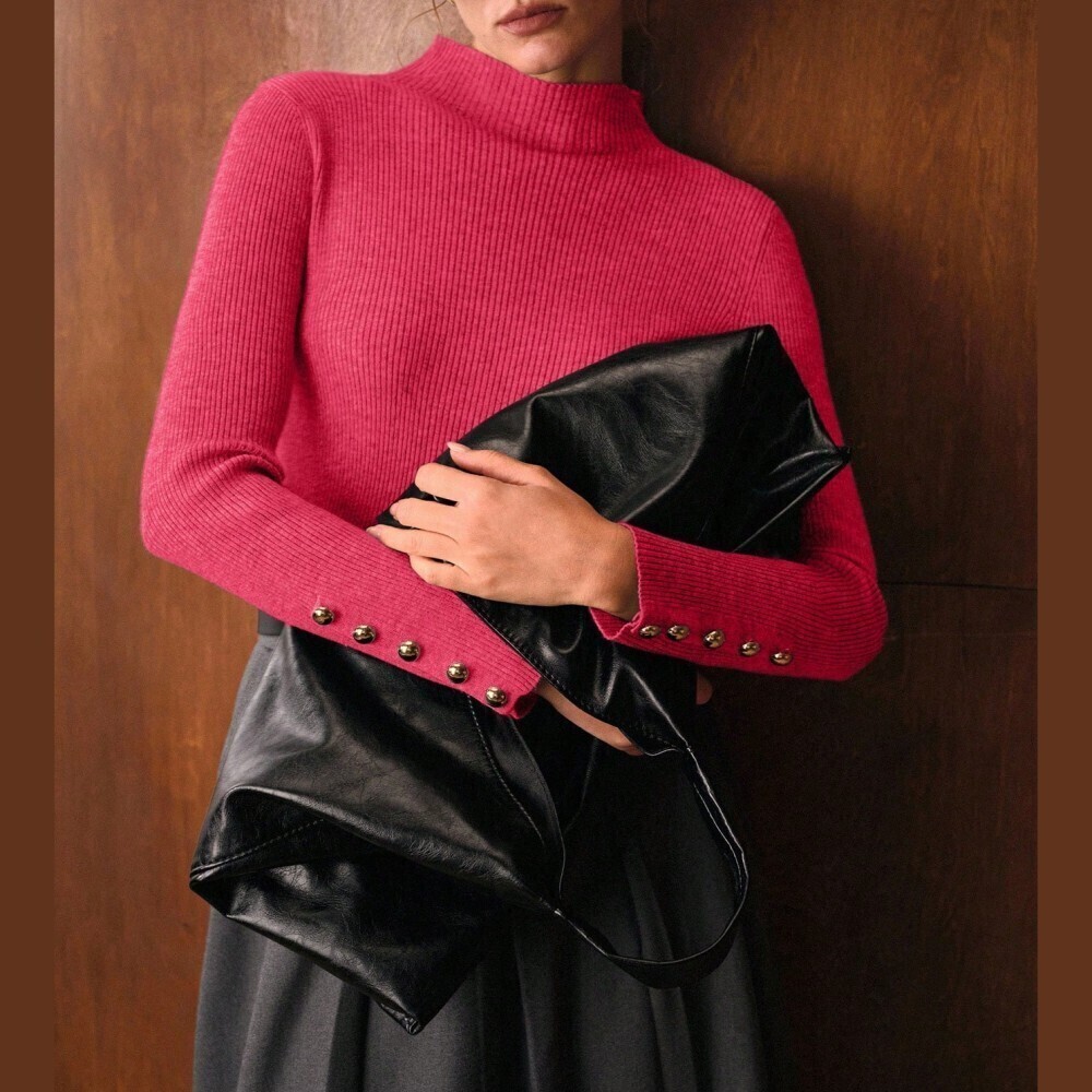 Hot Pink Ribbed Knit Gold Button Cuff Mock Neck Sweater